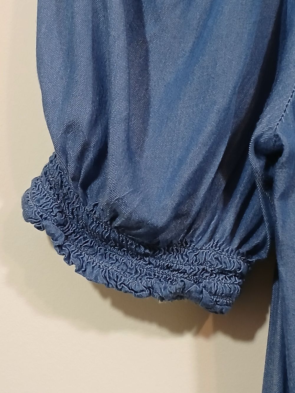 California Bay Co Blue Off Shoulder Peasant Dress Women’s Medium Boho Chambray - Picture 7 of 10